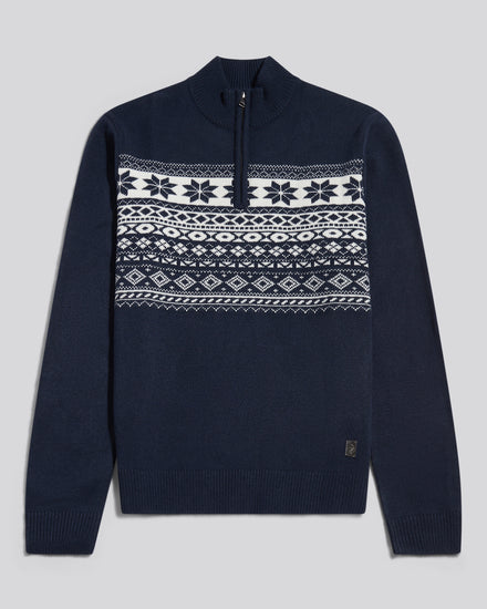 Mens Fair Isle Quarter Zip Jumper Dark Sapphire Navy