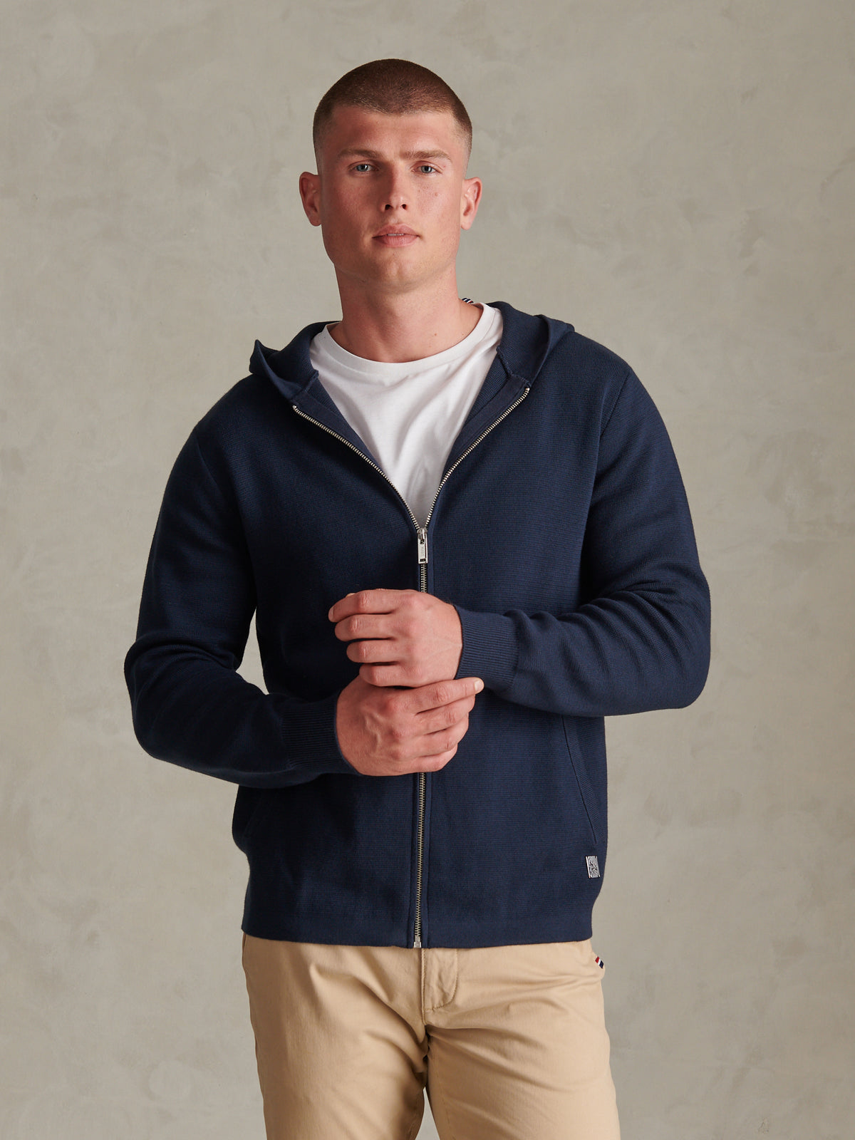 Mens Zip Through Knitted Hoodie Dark Sapphire Navy