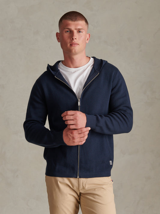 Mens Zip Through Knitted Hoodie Dark Sapphire Navy