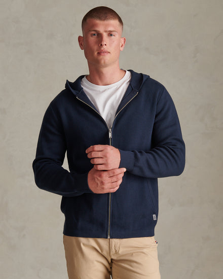 Mens Zip Through Knitted Hoodie Dark Sapphire Navy