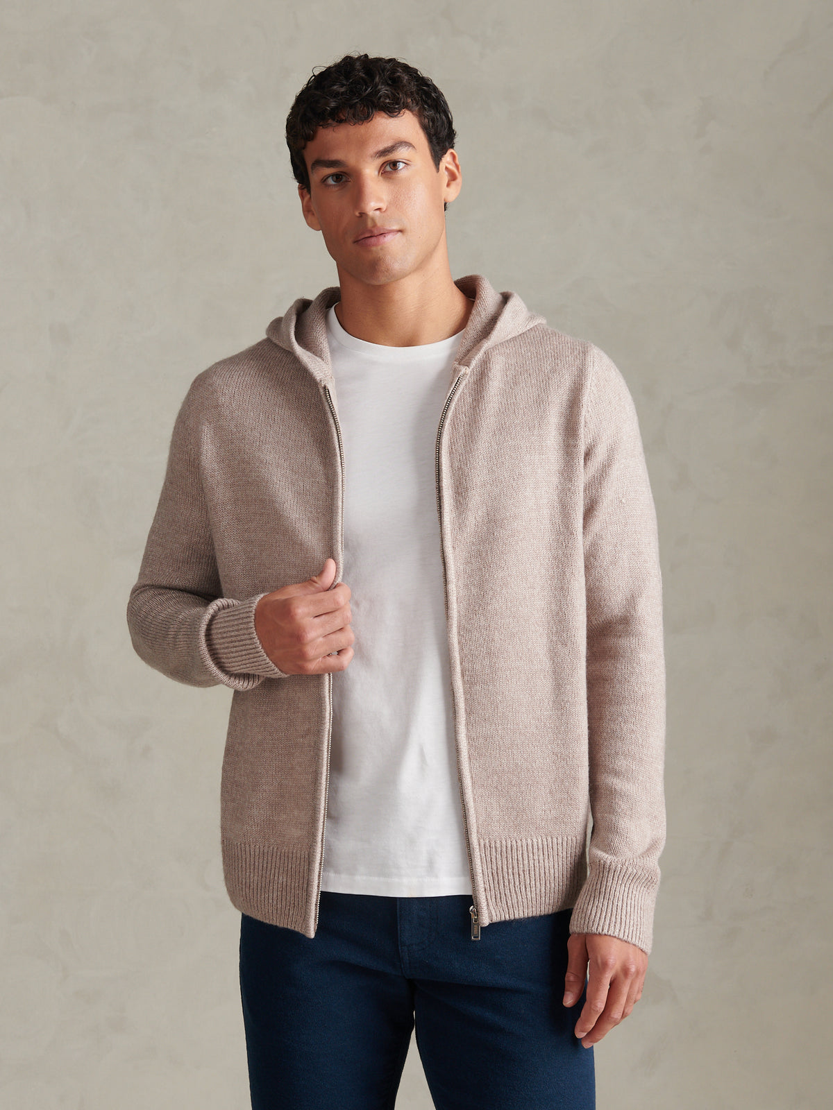 Mens Brushed Knit Zip Through Hoodie Cinder Marl