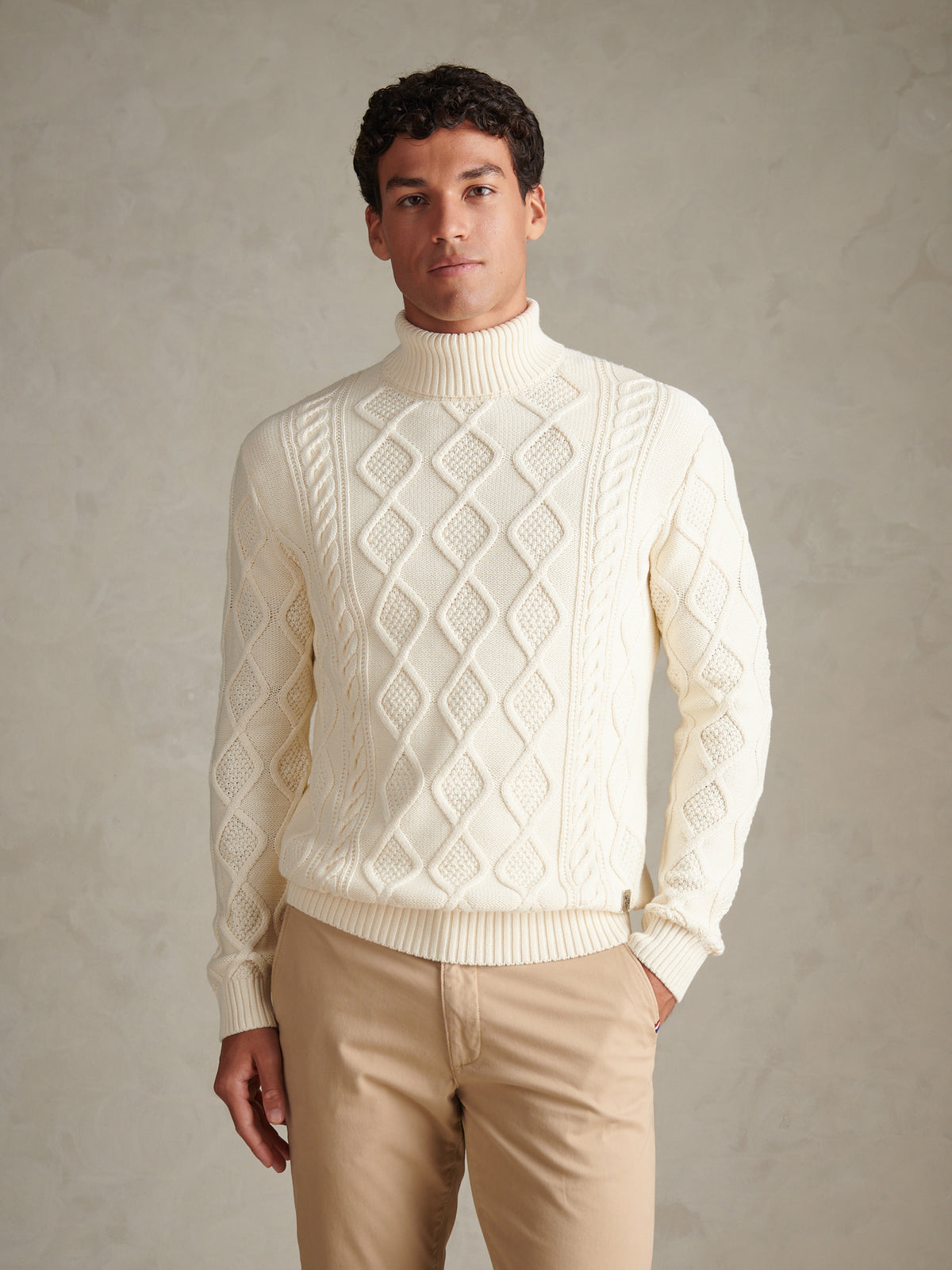 Mens Aran Nep Roll Neck Knit Jumper Whisper White