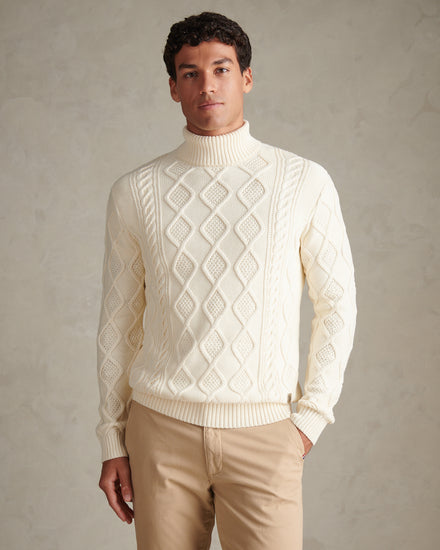 Mens Aran Nep Roll Neck Knit Jumper Whisper White