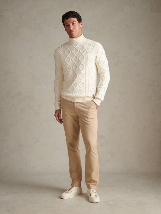 Mens Aran Nep Roll Neck Knit Jumper Whisper White