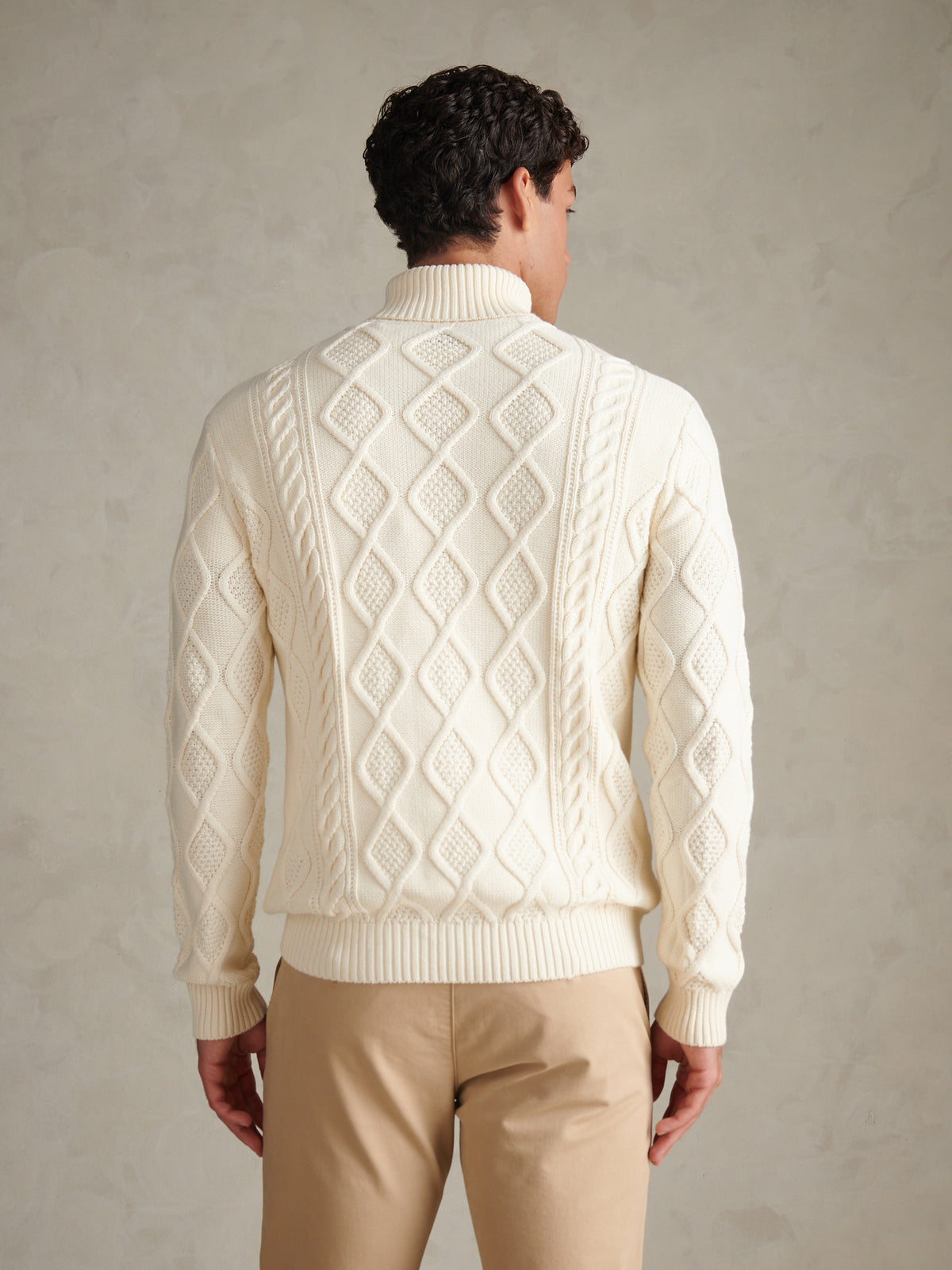 Mens Aran Nep Roll Neck Knit Jumper Whisper White