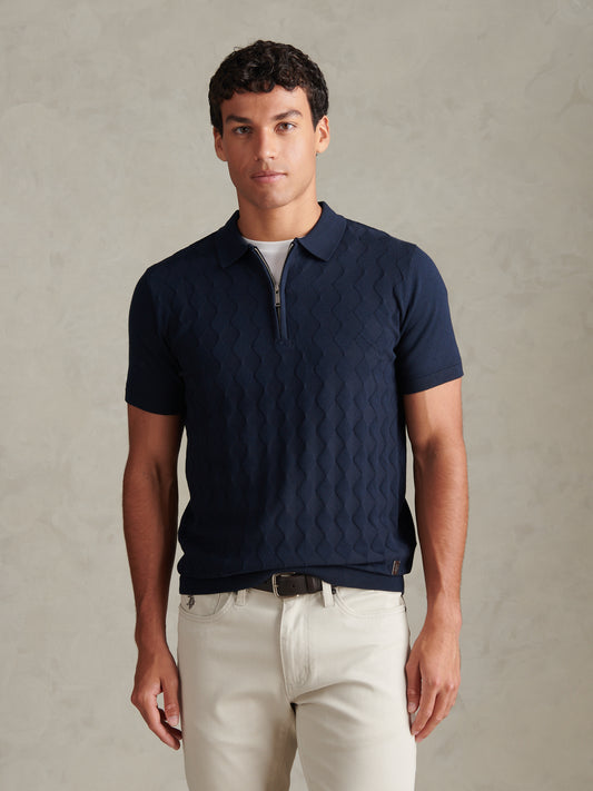 Mens Argyle  Zip Neck Knitted Polo Shirt Dark Sapphire Navy