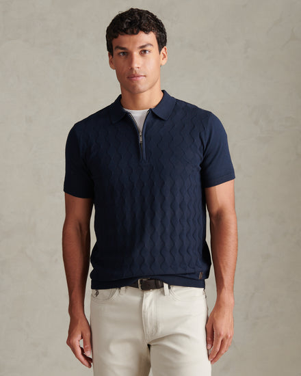 Mens Argyle  Zip Neck Knitted Polo Shirt Dark Sapphire Navy