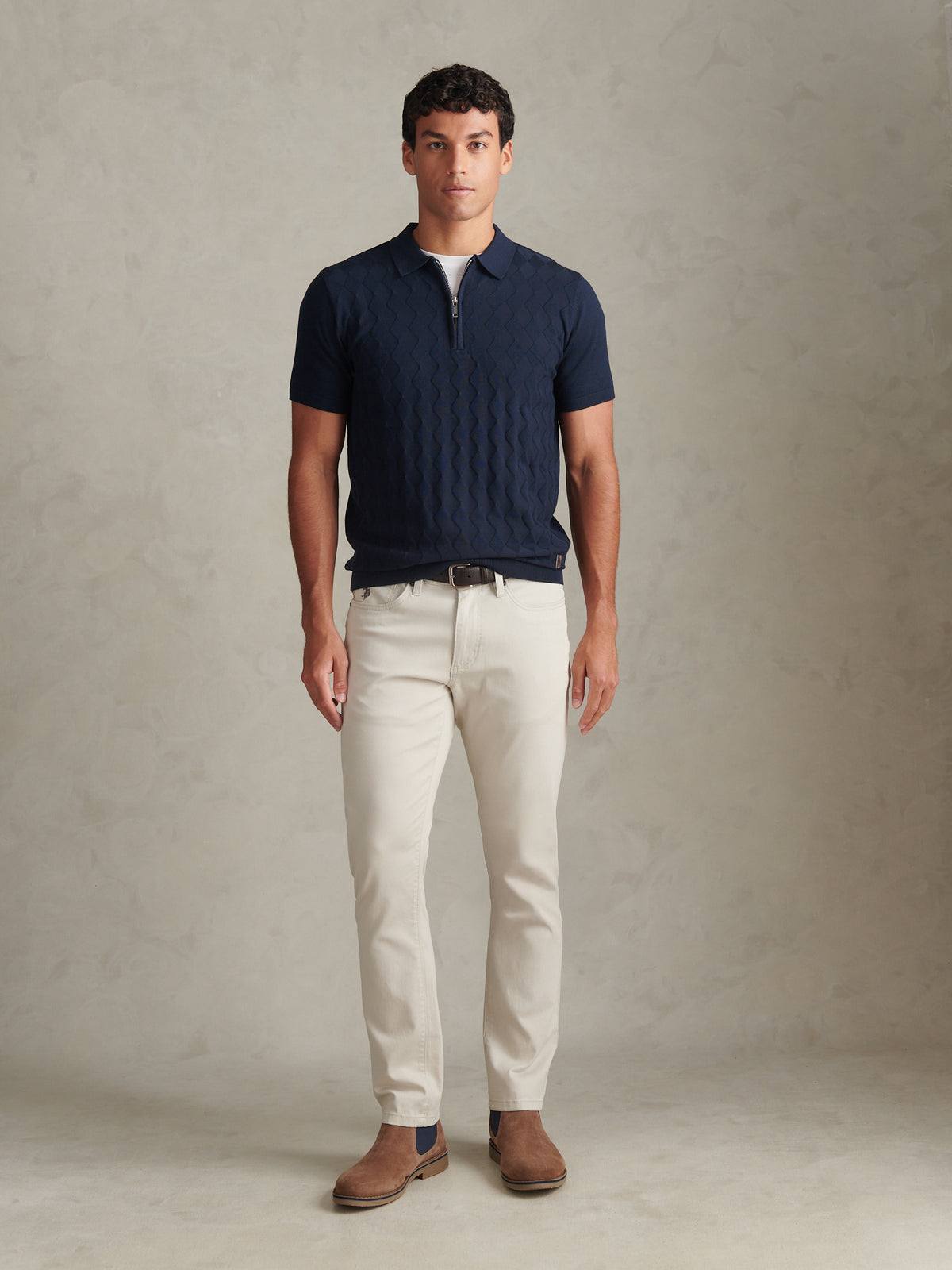 Mens Argyle  Zip Neck Knitted Polo Shirt Dark Sapphire Navy