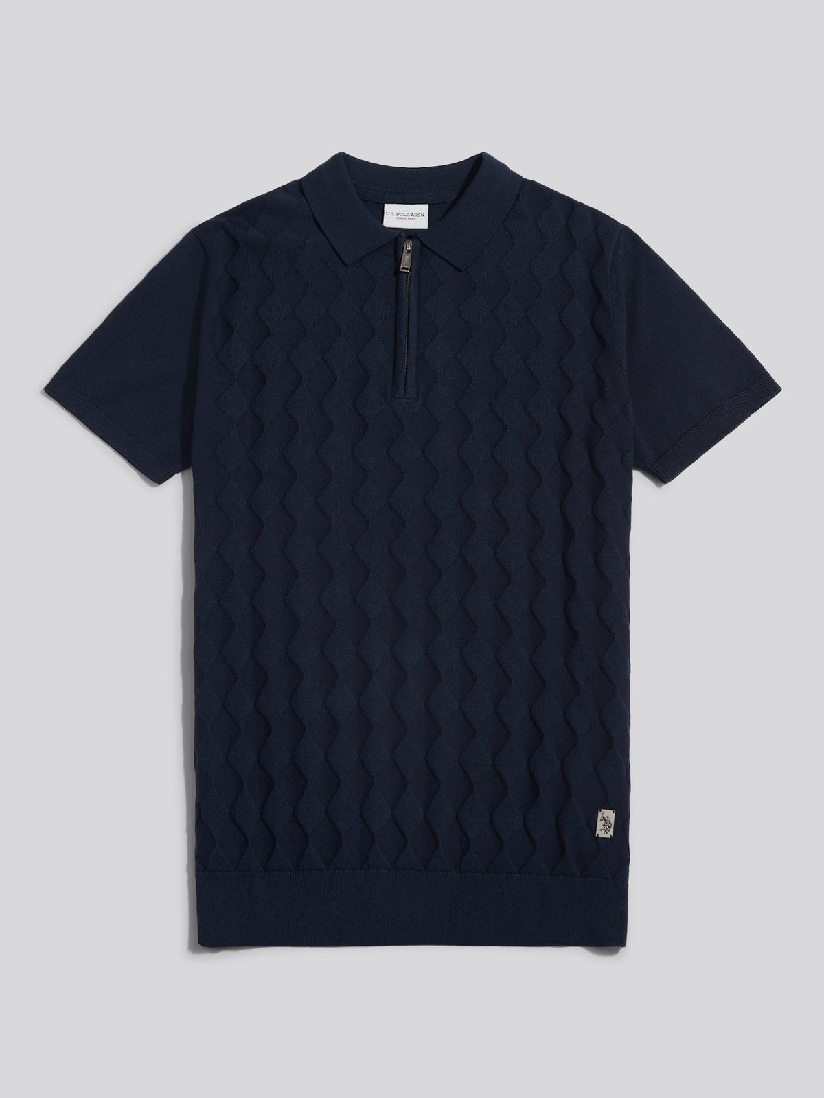 Mens Argyle  Zip Neck Knitted Polo Shirt Dark Sapphire Navy