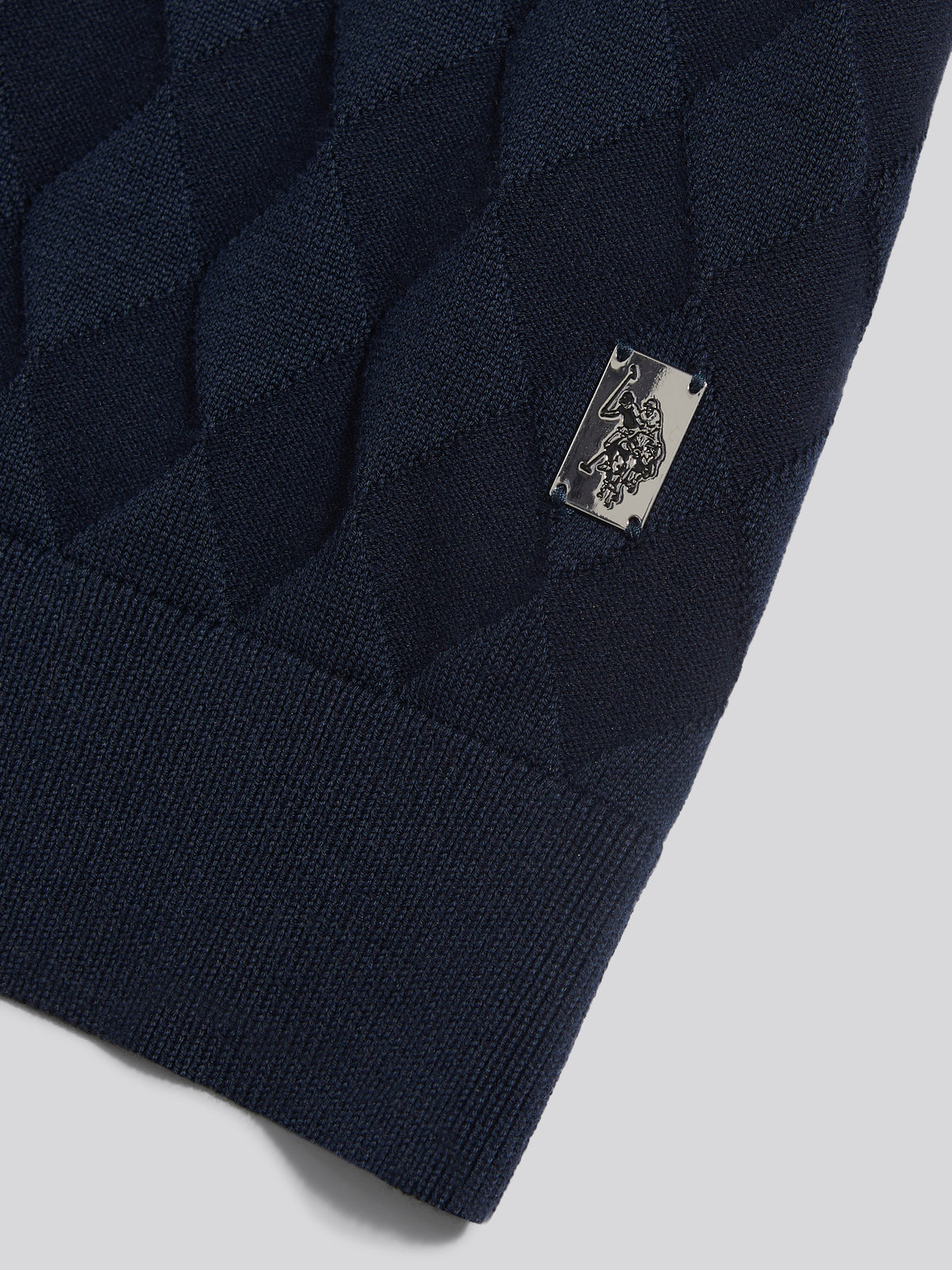Mens Argyle  Zip Neck Knitted Polo Shirt Dark Sapphire Navy