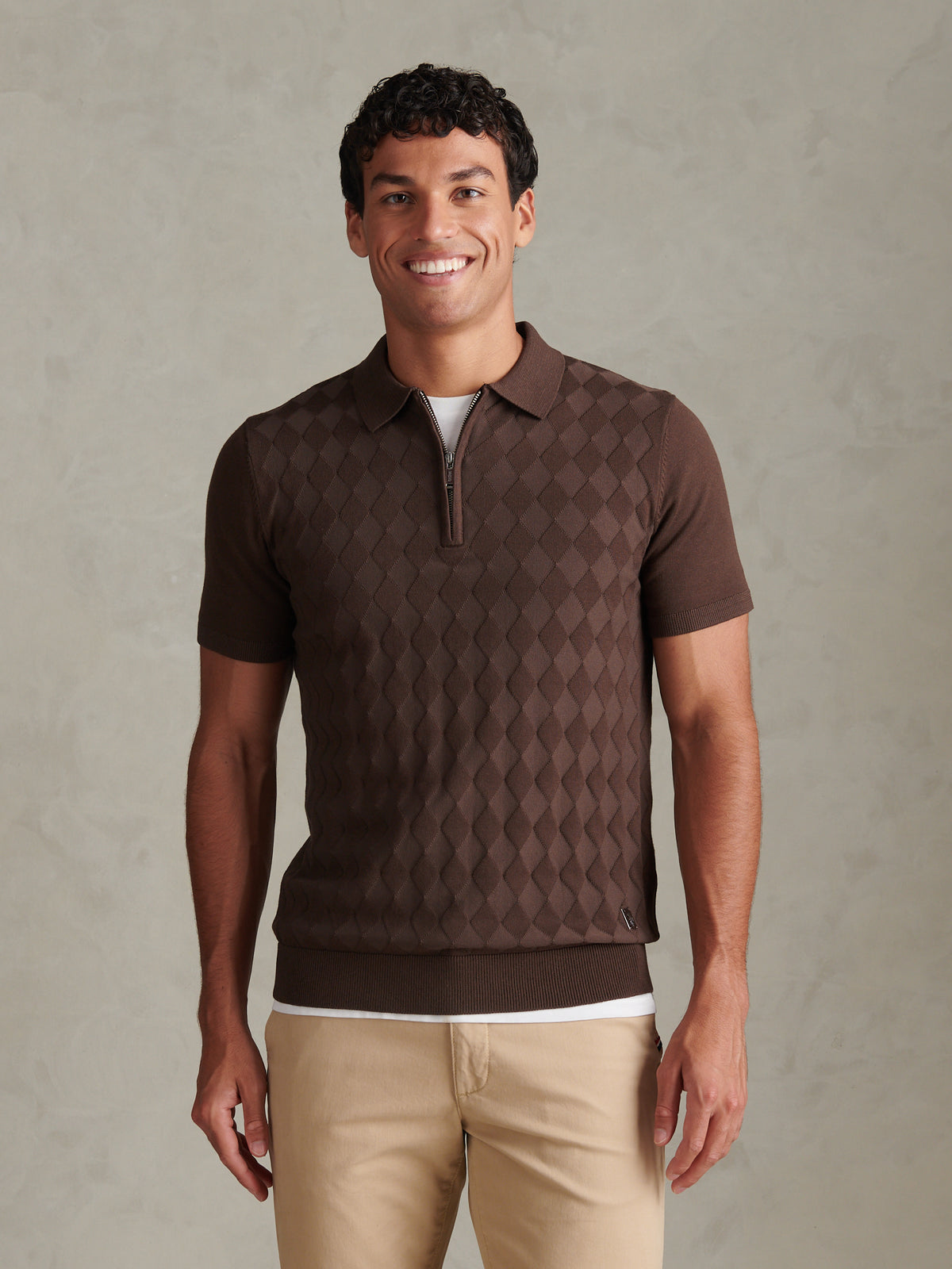 Mens Argyle  Zip Neck Knitted Polo Shirt Bracken