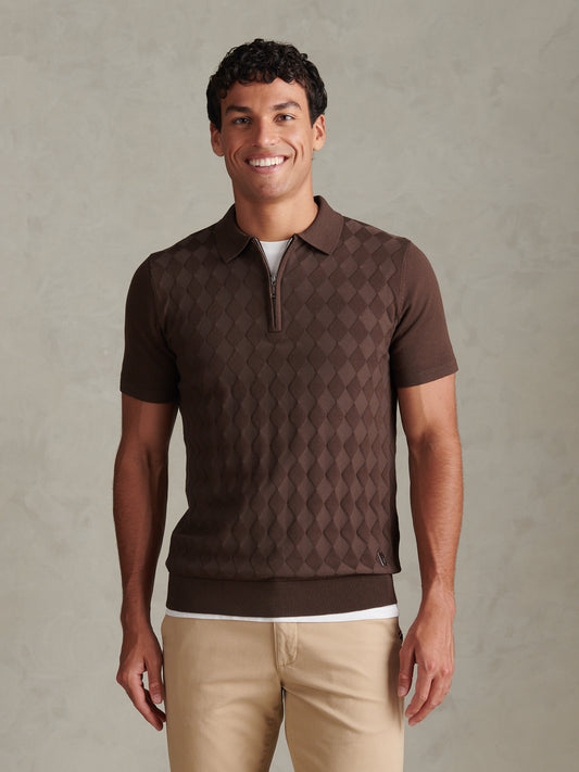 Mens Argyle  Zip Neck Knitted Polo Shirt Bracken