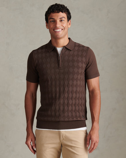 Mens Argyle  Zip Neck Knitted Polo Shirt Bracken