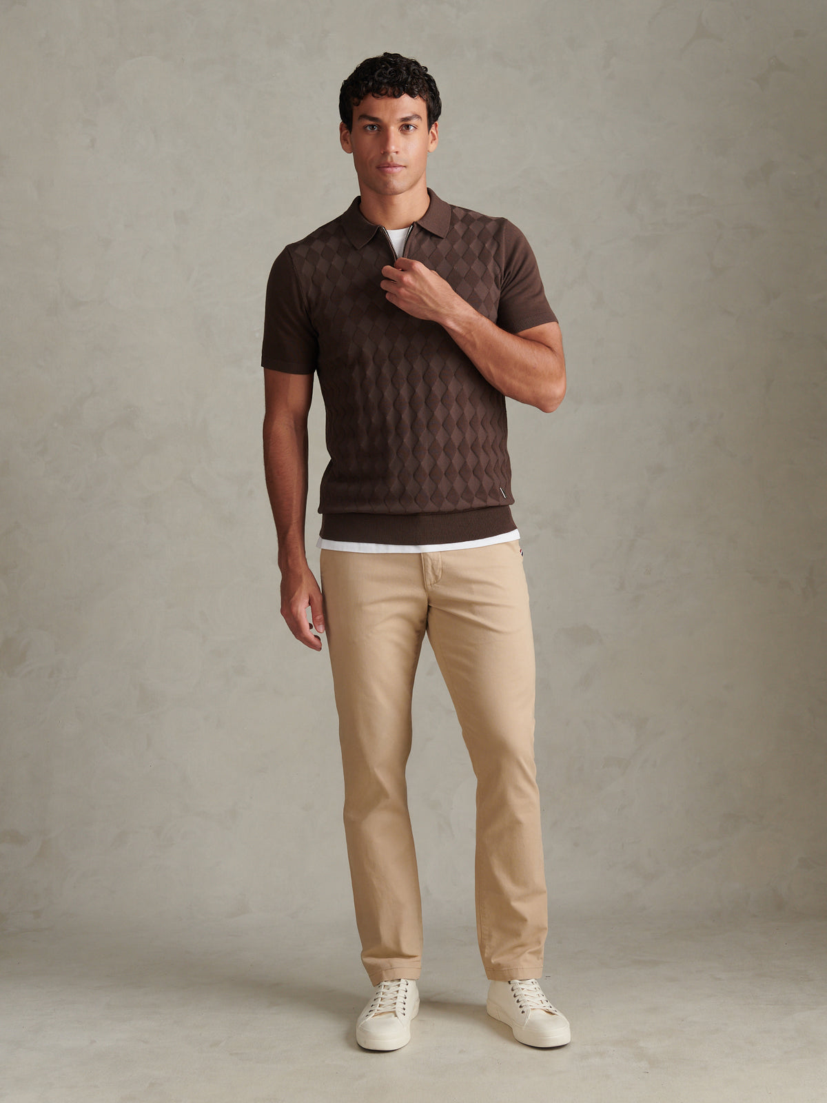 Mens Argyle  Zip Neck Knitted Polo Shirt Bracken