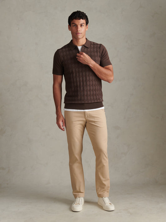 Mens Argyle  Zip Neck Knitted Polo Shirt Bracken