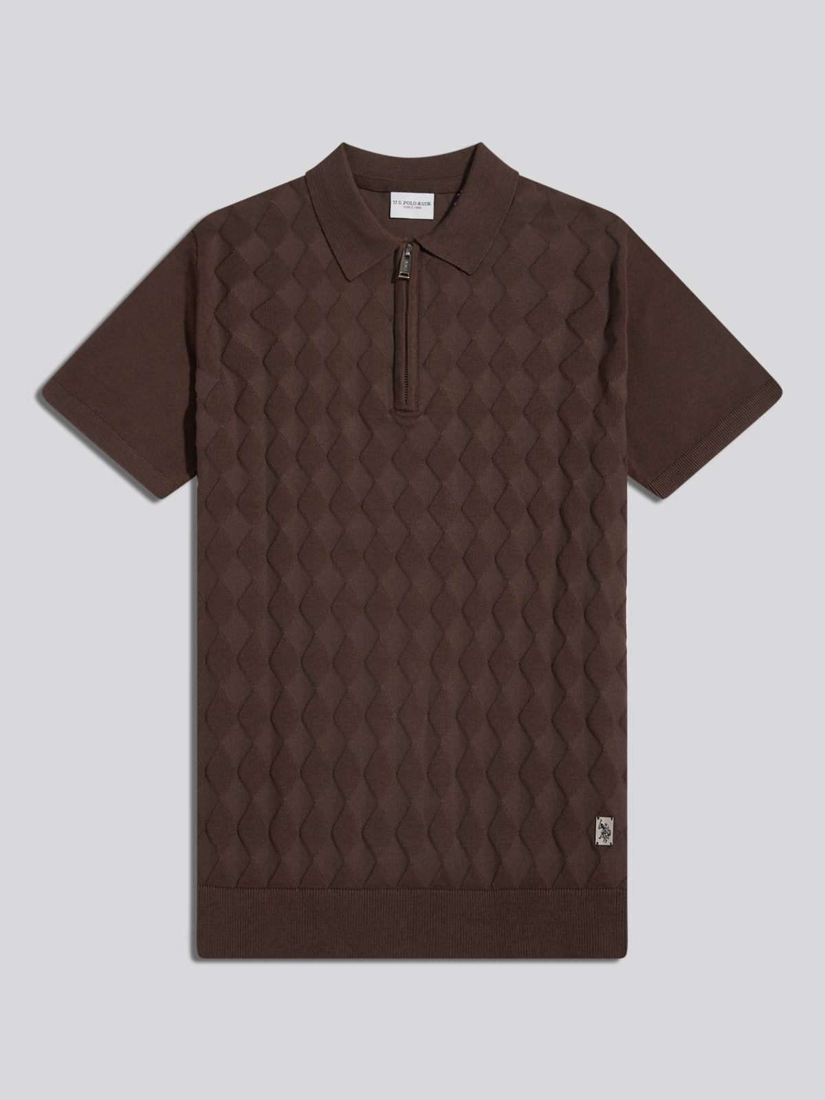 Mens Argyle  Zip Neck Knitted Polo Shirt Bracken