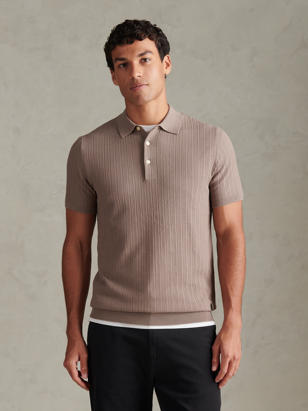 Mens Vertical Texture Knitted Polo Shirt Cinder