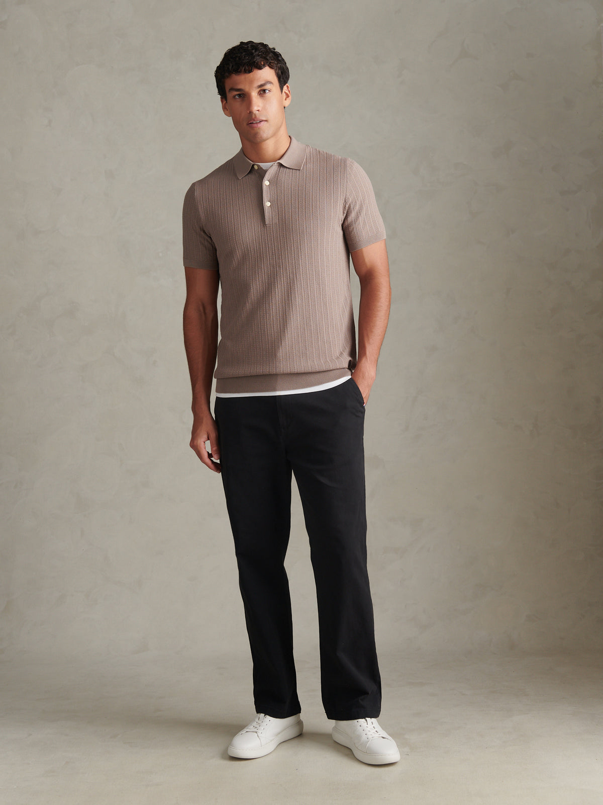 Mens Vertical Texture Knitted Polo Shirt Cinder