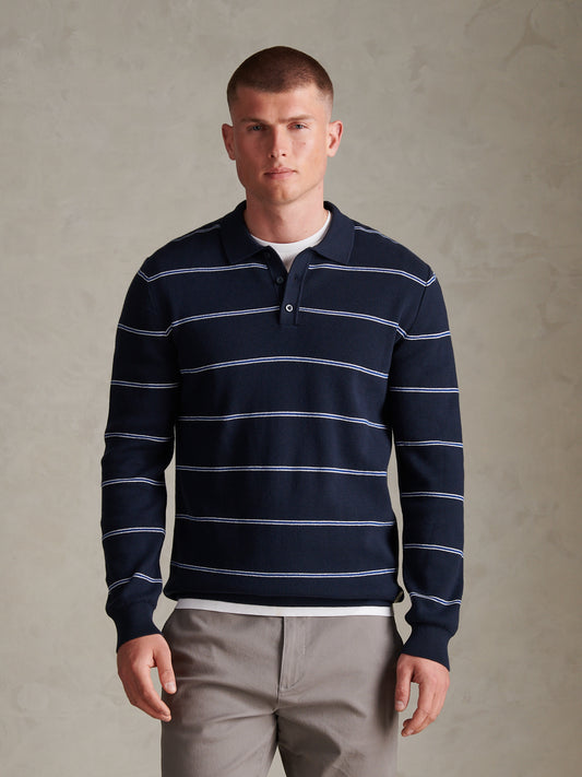 Mens Striped Knitted Rugby Shirt Dark Sapphire Navy