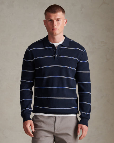 Mens Striped Knitted Rugby Shirt Dark Sapphire Navy