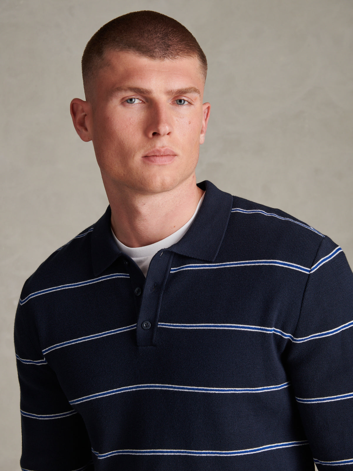 Mens Striped Knitted Rugby Shirt Dark Sapphire Navy
