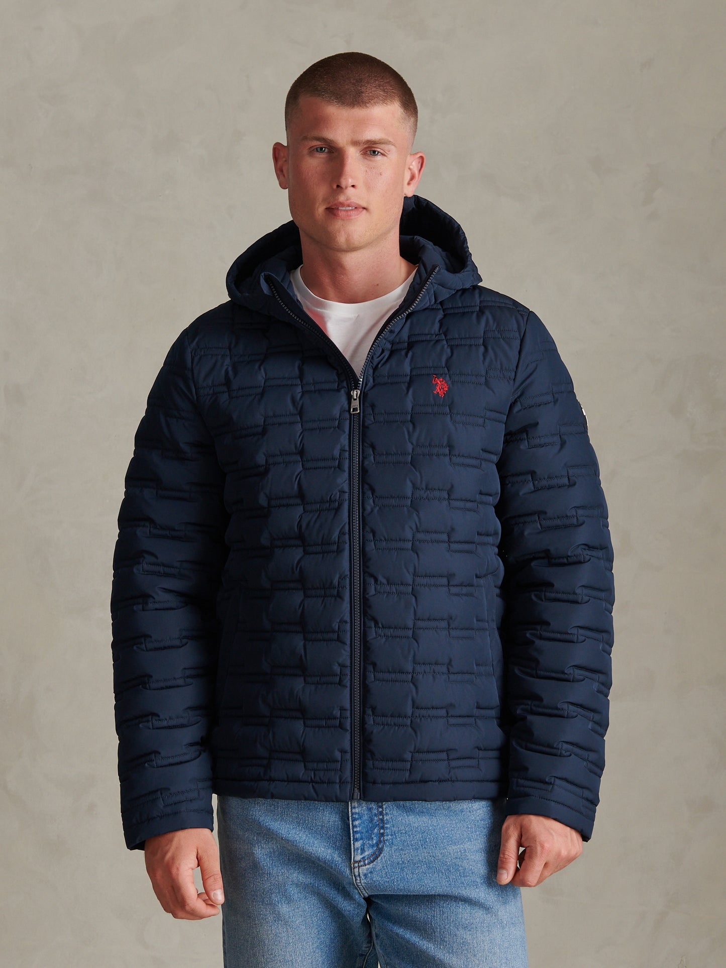 Mens Lightweight Quilted Hooded Puffer Jacket Dark Sapphire Navy / Haute Red DHM