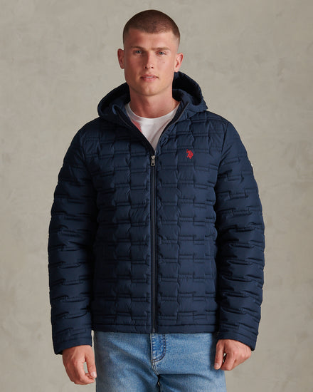 Mens Lightweight Quilted Hooded Puffer Jacket Dark Sapphire Navy / Haute Red DHM