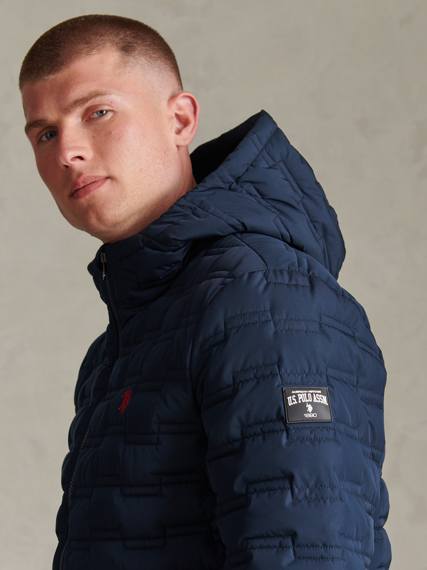 Mens Lightweight Quilted Hooded Puffer Jacket Dark Sapphire Navy / Haute Red DHM