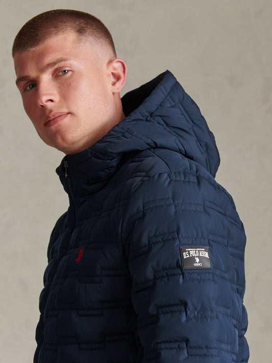 Mens Lightweight Quilted Hooded Puffer Jacket Dark Sapphire Navy / Haute Red DHM