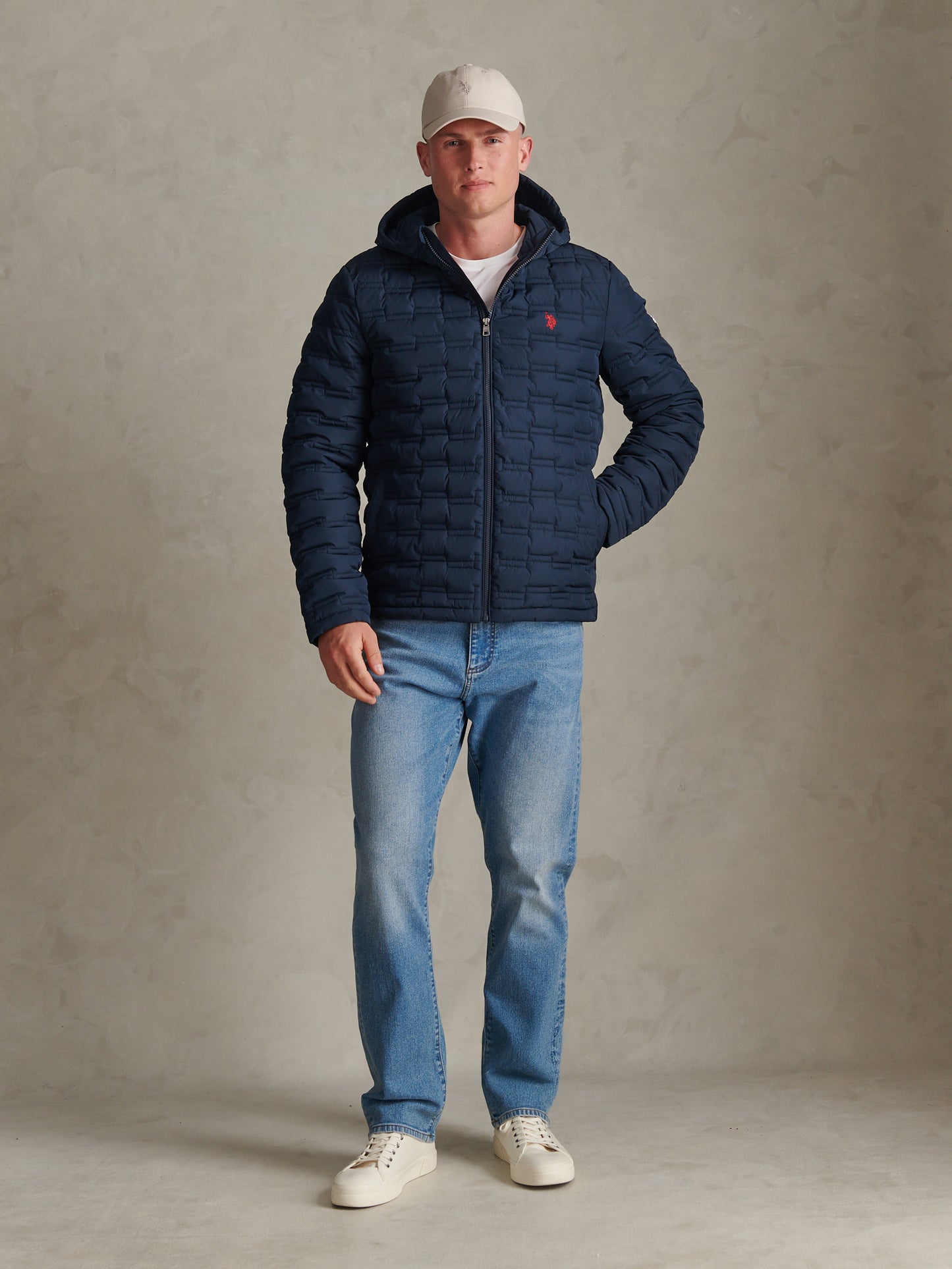 Mens Lightweight Quilted Hooded Puffer Jacket Dark Sapphire Navy / Haute Red DHM