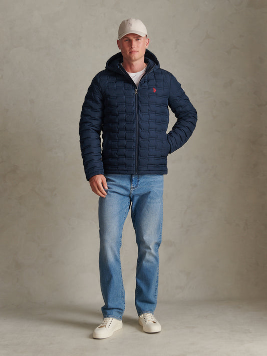 Mens Lightweight Quilted Hooded Puffer Jacket Dark Sapphire Navy / Haute Red DHM