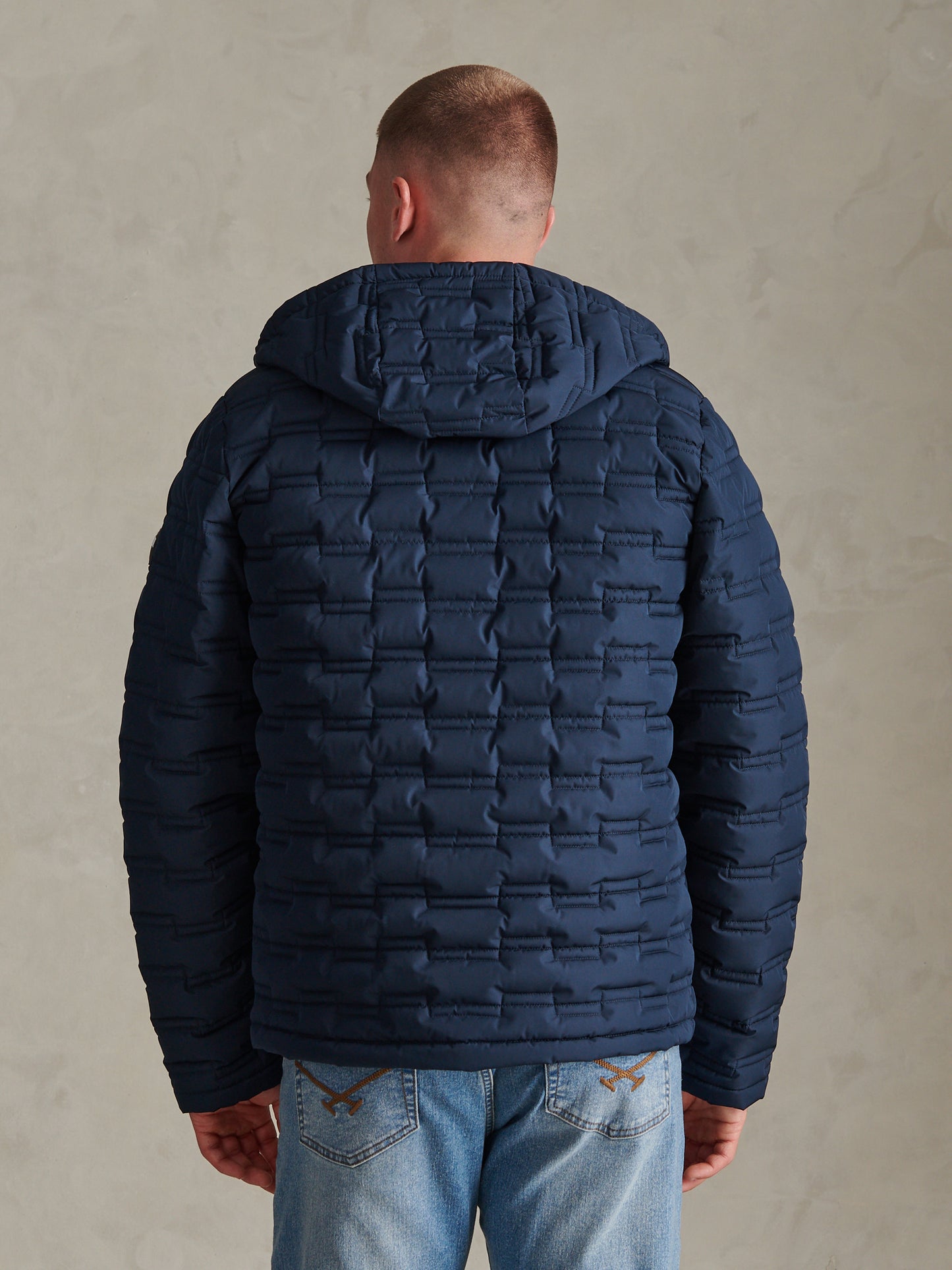 Mens Lightweight Quilted Hooded Puffer Jacket Dark Sapphire Navy / Haute Red DHM