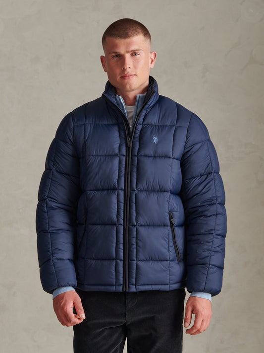 Mens Box Quilt Puffer Jacket Dark Sapphire Navy / Moonlight Blue DHM
