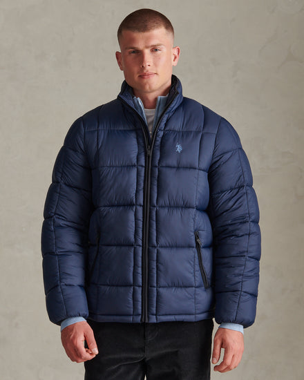 Mens Box Quilt Puffer Jacket Dark Sapphire Navy / Moonlight Blue DHM
