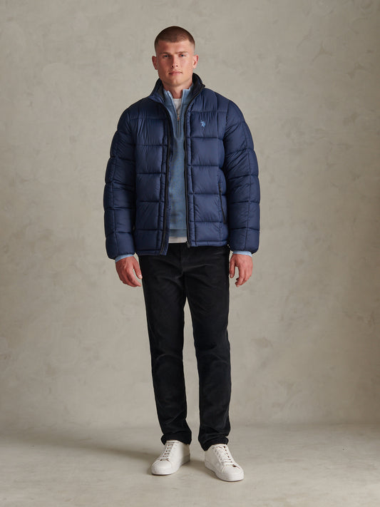 Mens Box Quilt Puffer Jacket Dark Sapphire Navy / Moonlight Blue DHM