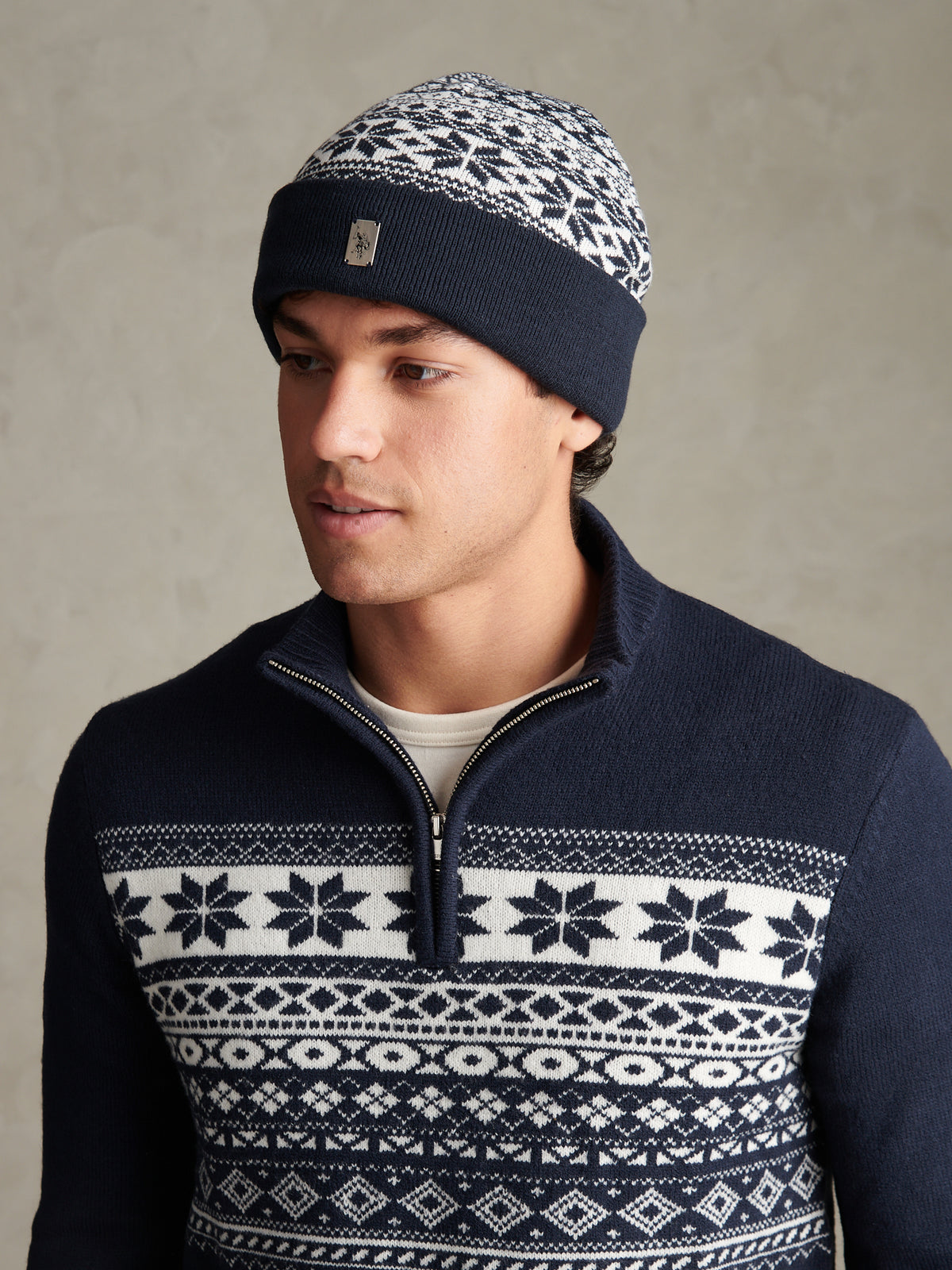 Mens Fair Isle Knit Beanie Dark Sapphire Navy