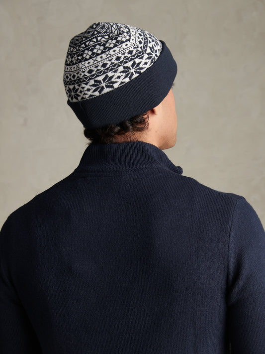 Mens Fair Isle Knit Beanie Dark Sapphire Navy