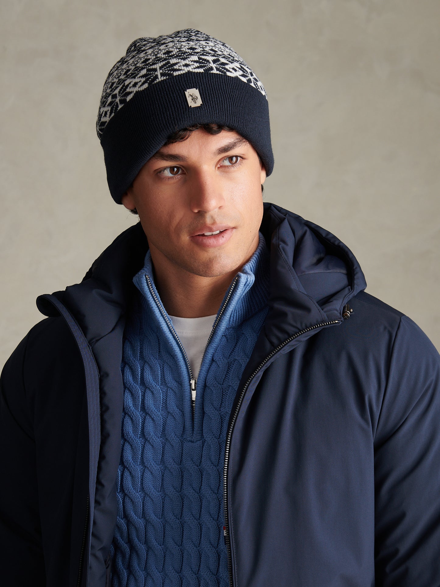 Mens Fair Isle Knit Beanie Dark Sapphire Navy