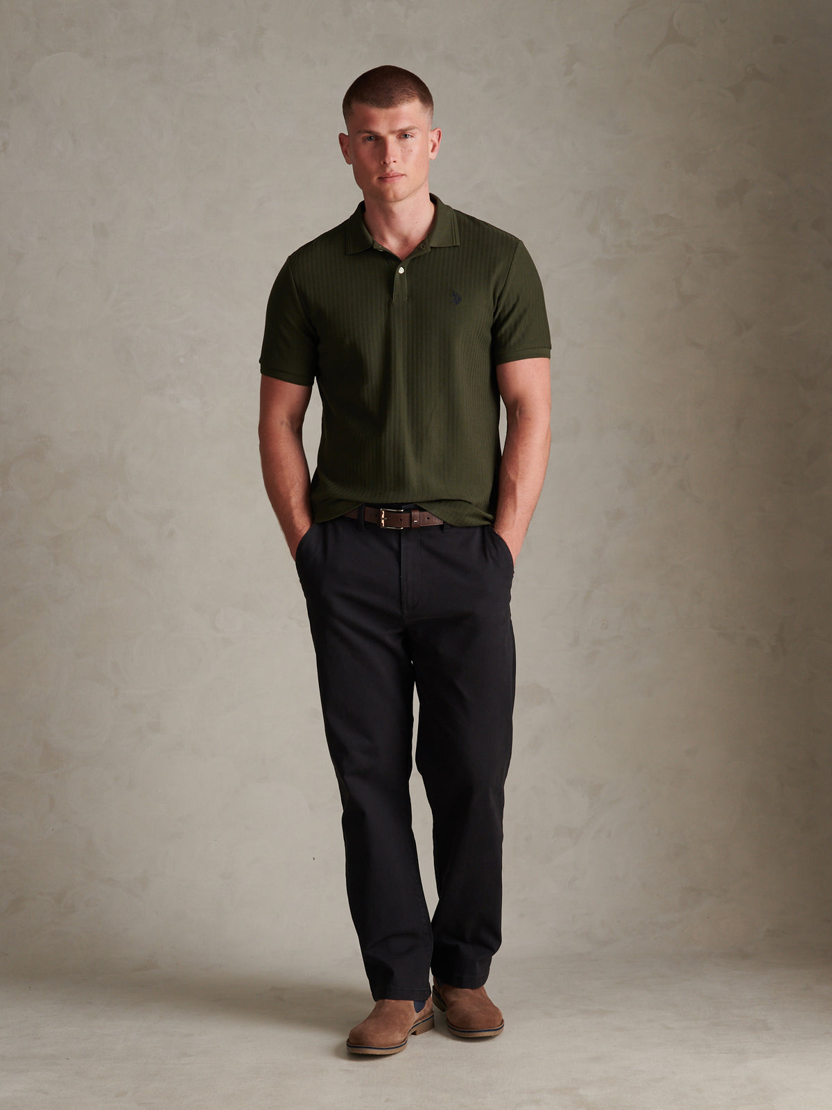 Mens Herringbone Texture Polo Shirt Forest Night