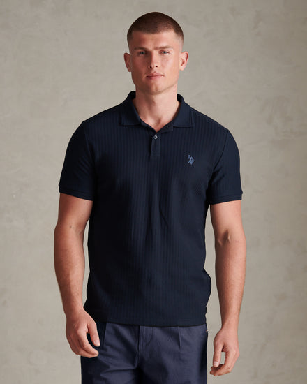 Mens Herringbone Texture Polo Shirt Dark Sapphire Navy / Moonlight Blue DHM