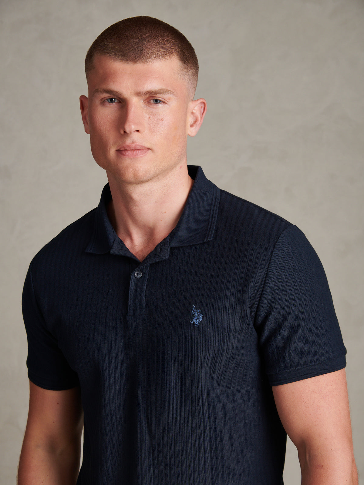 Mens Herringbone Texture Polo Shirt Dark Sapphire Navy / Moonlight Blue DHM