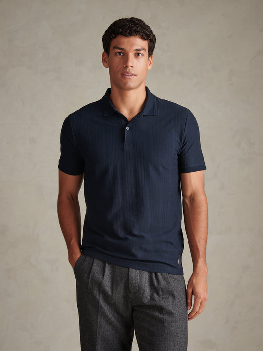 Mens Engineered Textured Stripe Polo Shirt Dark Sapphire Navy / Moonlight Blue DHM