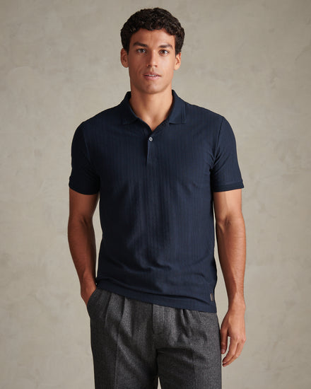 Mens Engineered Textured Stripe Polo Shirt Dark Sapphire Navy / Moonlight Blue DHM