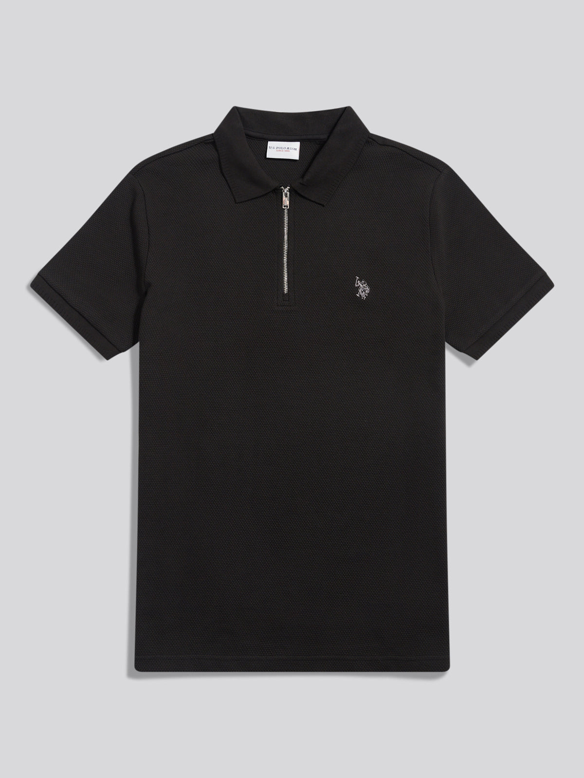 Mens Popcorn Texture Smart Zip Polo Shirt Black