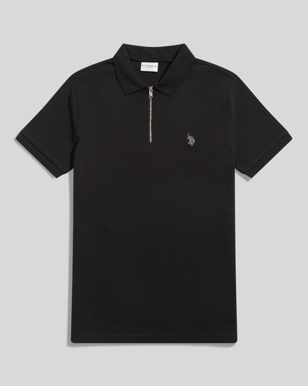 Mens Popcorn Texture Smart Zip Polo Shirt Black