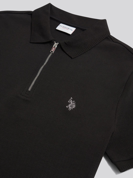 Mens Popcorn Texture Smart Zip Polo Shirt Black