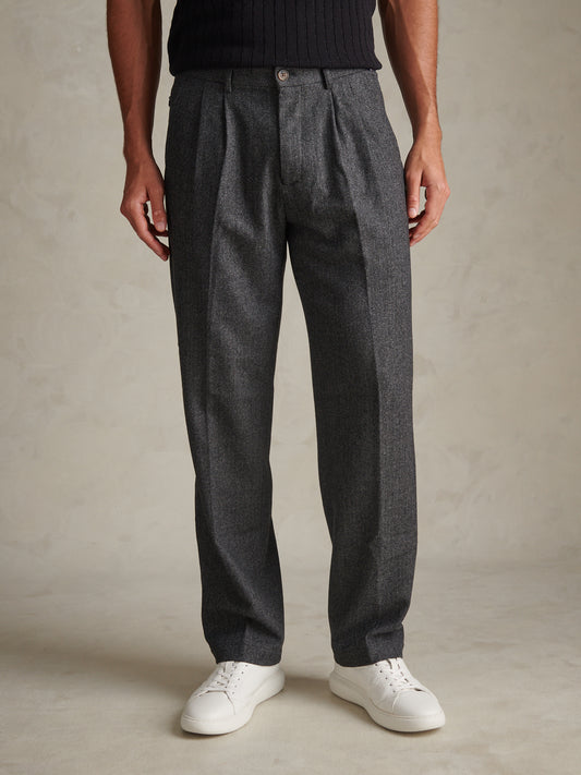 Mens Herringbone Pleated Chino Trousers Ebony
