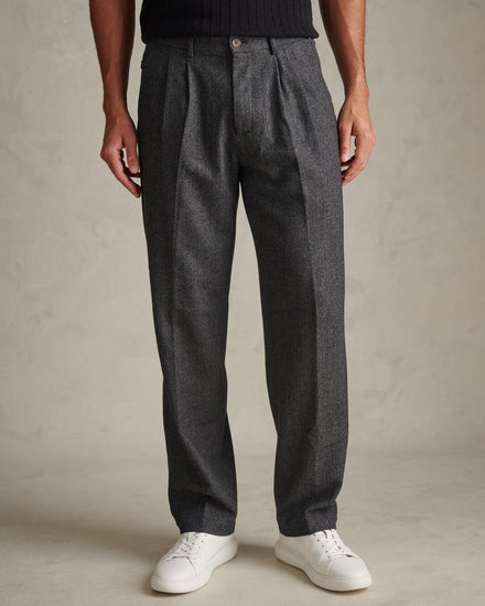 Mens Herringbone Pleated Chino Trousers Ebony