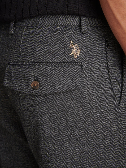 Mens Herringbone Pleated Chino Trousers Ebony