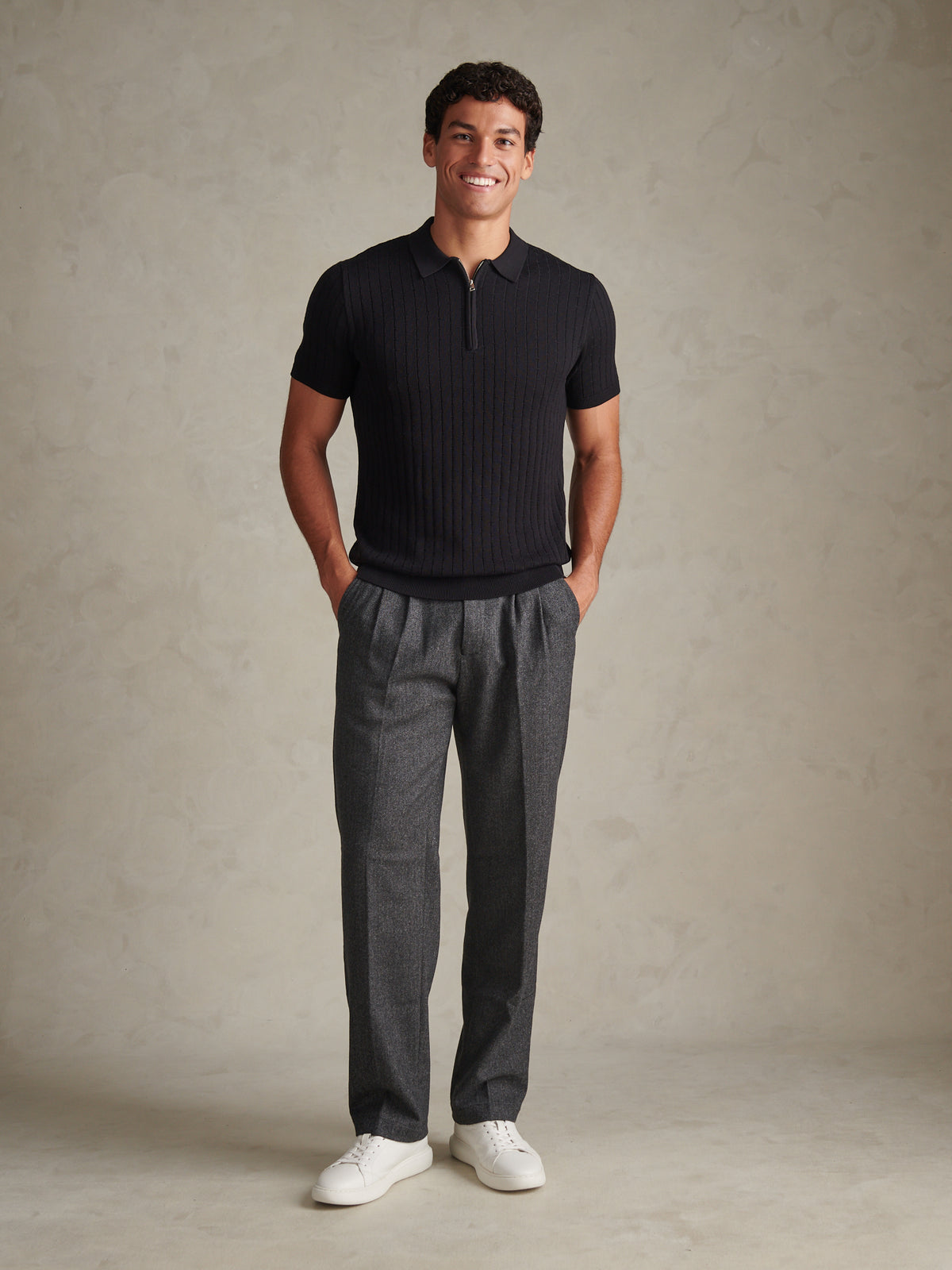 Mens Herringbone Pleated Chino Trousers Ebony